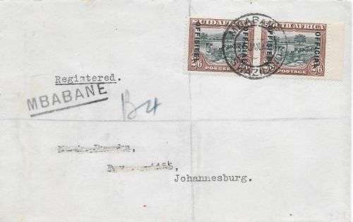Swaziland 1933 SA KGV Official 2s6d pair used on registered cover from Mbabane to Johannesburg fine