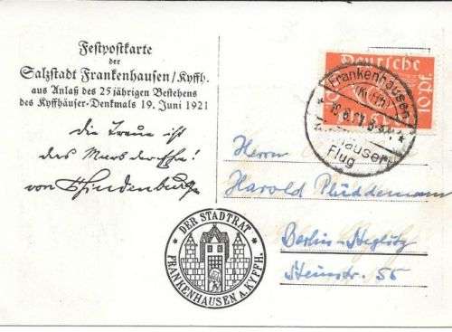 Germany 1921 First Flight special card with special Frankenhausen   Flug cancellation