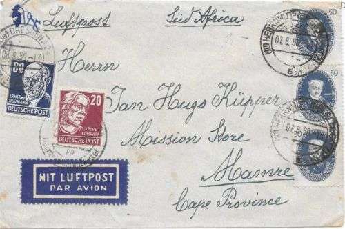 Germany East 1950 Famous People 50pfg x5 plus 20Pfg and 80Pfg airmail cover to SA