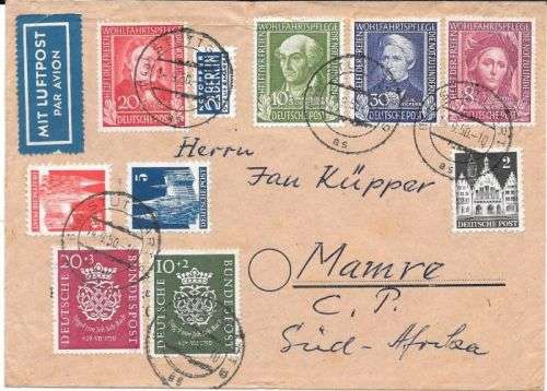 Germany West 1950 Wohlfahrt set of 4 and Bach set of 2 etc multiple franking cover to SA very fine