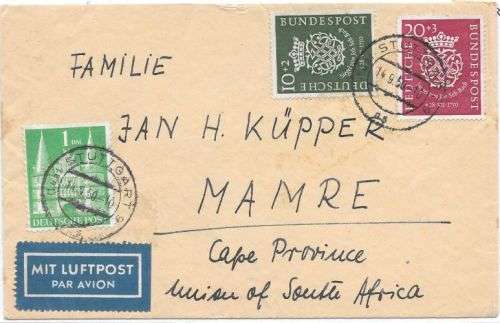 Germany West 1950 Bach set of 2 and Allied Occ 1Dm multiple franking cover to SA very fine