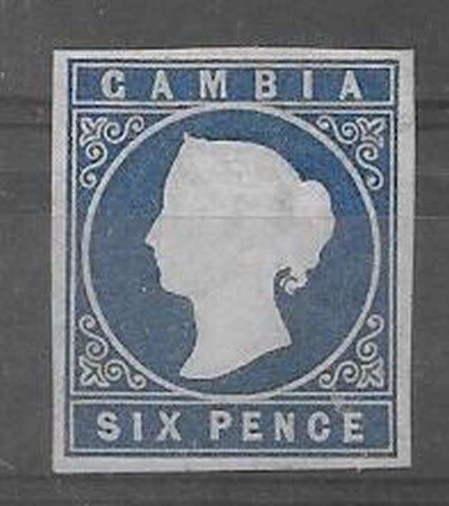 Gambia 1874 QV Wmk CC 6d blue imperforate very fine mint with part papermakers watermark