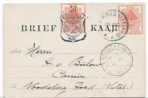 Orange River Colony 1899 Briefkaart with extra 1/2d Harrismith to Noordberg Natal