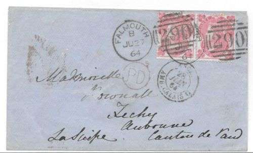 Great Britain 1864 QV 3d bright carmine pair (SG 76) on cover Falmouth to France fine