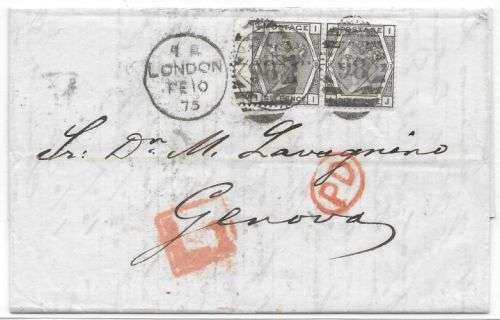 Great Britain 1875 QV 6d deep grey Pl 13 pair (SG 146) on wrapper London to Genoa fine
