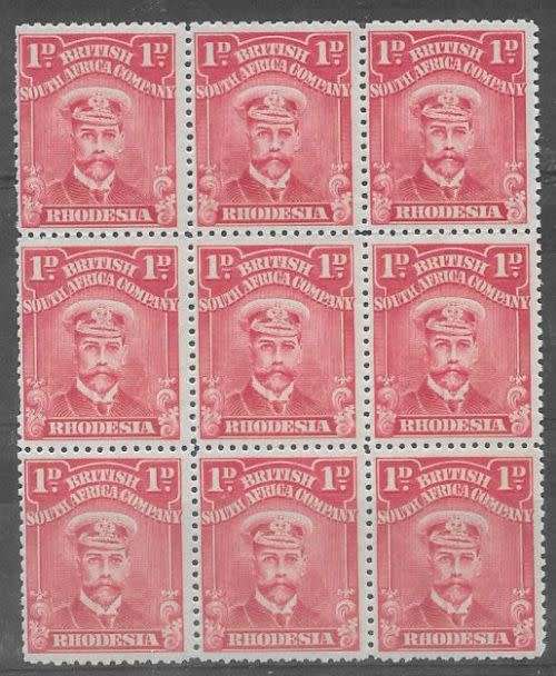 Rhodesia BSAC 1922 KGV Admiral 1d deep rose scarlet block of 9 very fine unmounted mint