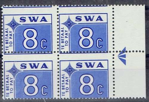South West Africa Postage Due 1972 8c arrow block of 4 with large perforation shift unmounted mint