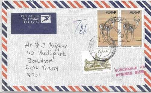 South Africa 1983 SWA incoming Oranjemund cover to Cape Town with Building 4c applied as postage due
