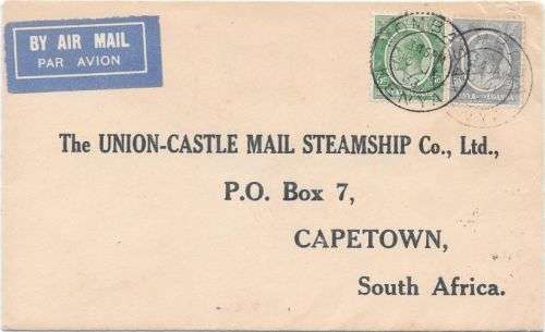 South Africa 1933 KUT Mombassa incoming Union Castle Mail Ship company cover