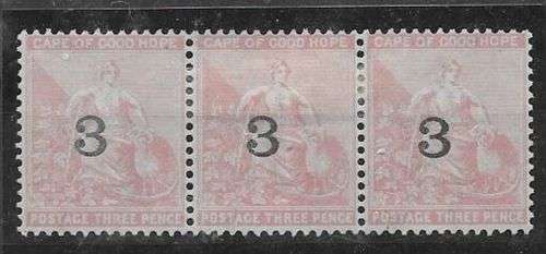 Cape of Good Hope 1880 Provisional 3 on 3d strip of 3 very fine mint