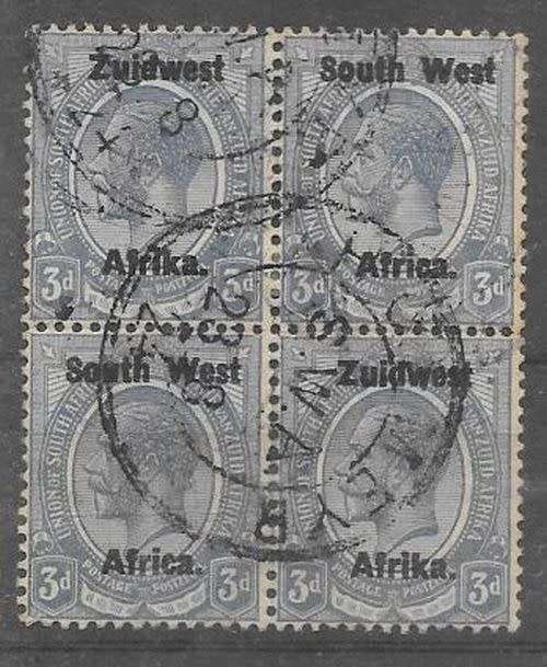 South West Africa 1923 KGV Type III 3d blue block of 4 with scarce Hofmeyer postmark fine used