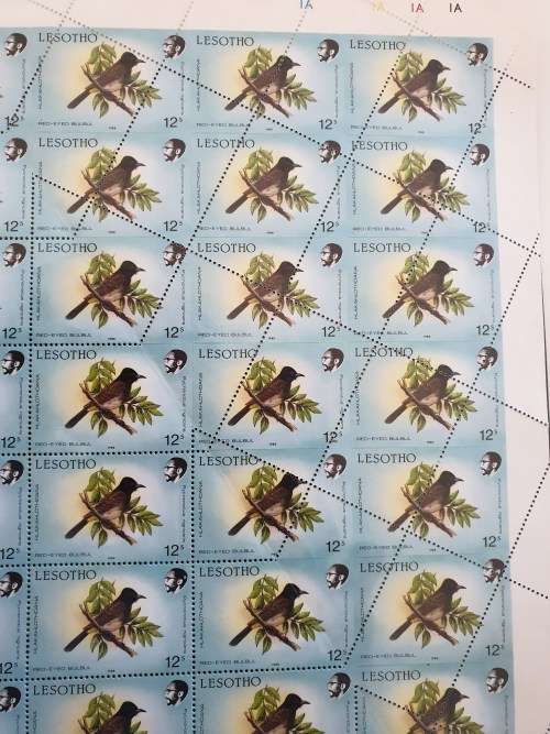 Lesotho 1988 Bird 12s sheet of 60 with spectacular top right fold over resulting in diagonal perf