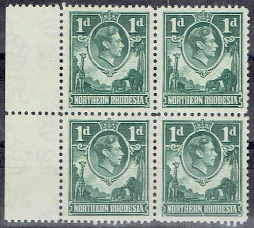 Northern Rhodesia 1938 KGVI 1d green block of 4  with extra boatman flaw very fine unmounted mint