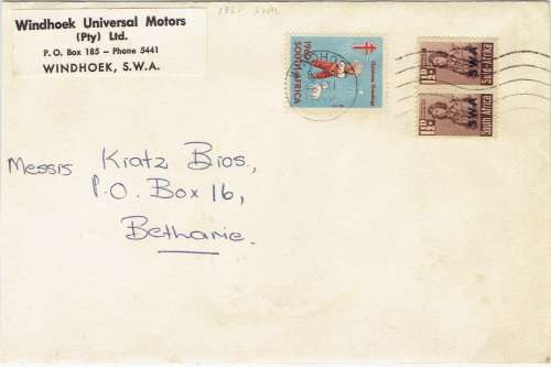 South West Africa Xmas label 1960 Windhoek to Bethanie cover with xmas label attached very fine