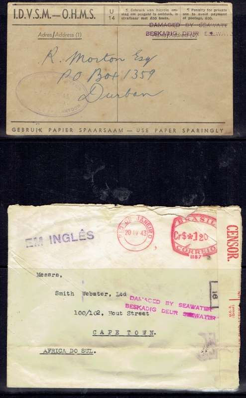 South Africa 1943 2x unfranked covers both with `Damaged By Seawater` cachets very fine