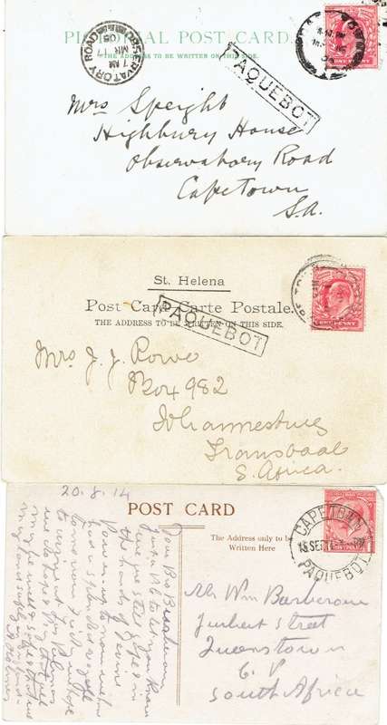 South Africa 1905/14 2x St Helena and 1x Ascension incoming with Cape Town Paquebots pmks very fine