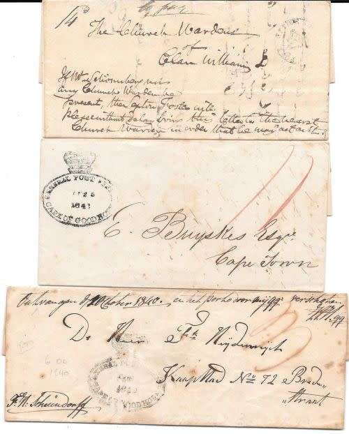 Cape of Good Hope 1840s 3x entires 2 Crowned oval GPO to Cape Town and Crowned circle to Clanwilliam