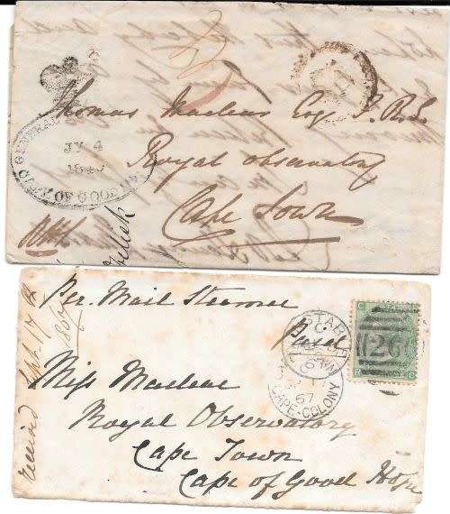 Cape of Good Hope 1840 entire with Crowned oval GPO canceller and 1867 GB 1s on front to Maclear