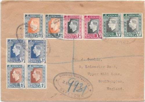 South Africa 1937 28 June KGVI Coronation set on Shipping Postmaster Cape Town cover to UK