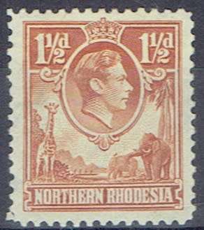 Northern Rhodesia 1938  1 12d yellow brown with tick bird plate flaw very fine mint