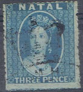 Natal 1861 QV no wmk 3d blue intermediate perf 14-16  very fine used