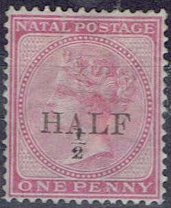 Natal 1877 QV Surcharge Half d on 1d, 4mm straight foot to 2 very fine mint