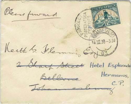 South Africa 1938  1 1/2d on Paquebot Posted At Sea Union Castle cover to Johannesburg very fine