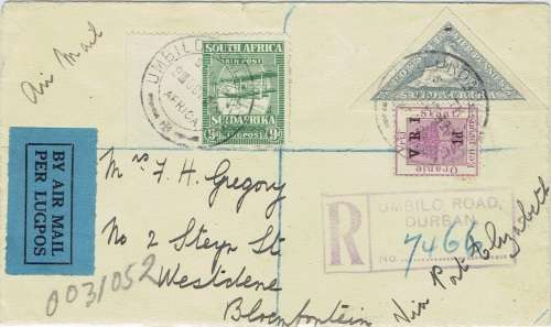 South Africa 1925 Airmail 9d imperforate left margin with extended strut variety on airmail cover