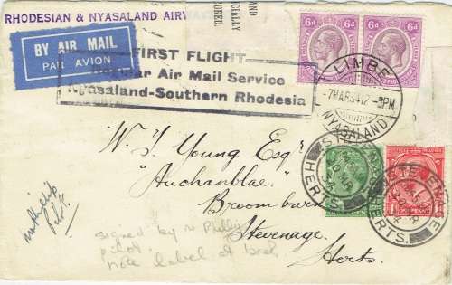 Nyasaland 1934 First Flight cover Limbe to UK with GB stamps added very fine