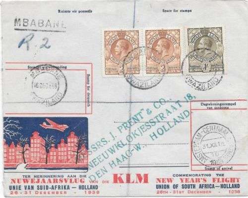 Swaziland 1938 KLM New Year Special flight cover from Mbabane to Den Haag Holland scarce very fine