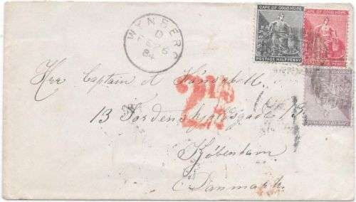 Cape of Good Hope 1884 1/2d and 1d and 6d on 3 colour franking cover Wynberg to Denmark very fine