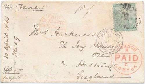 Cape of Good Hope 1866 1s on cover Grahamstown via Cape Town to UK very fine