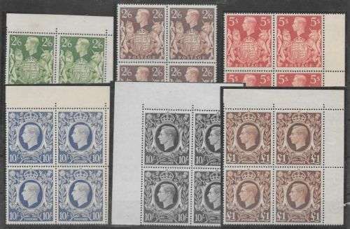 Great Britain 1939 KGVI High Values set of 6 in marginal blocks of 4 very fine unhinged