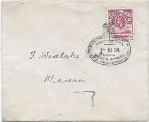 Basutoland 1934 KGV 2d tied to cover with oval HRH Royal Tour special cancel very fine