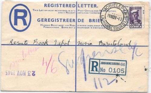 South Africa 1943 Small War 2d on registered cover with Mobile Post Office JHB to Basutuland