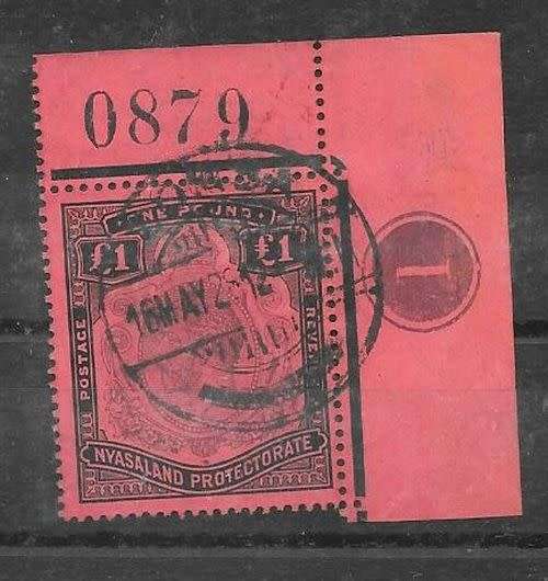 Nyasaland 1913/21  KGV £1 black/red top right control 1 with broken scroll variety very fine used