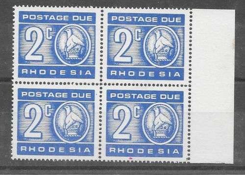 Rhodesia 1970 Postage Due 2c marginal block of 4 printed on gum side very fine unmounted mint