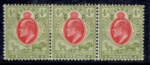 Orange River Colony 1905 KEVII wmk Multiple Crown CA 4 strip of 3 with IOSTAGE flaw very fine mint