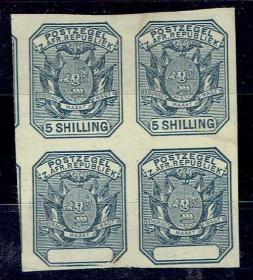 Transvaal 1895 5s slate  in trail proof imperforate block of 4 very fine