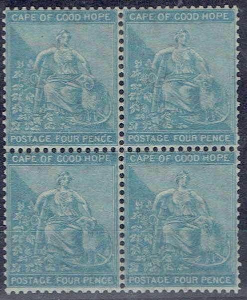 Cape of Good Hope 1864 4d pale/dull blue block of 4 very fine mint, bottom pair unmounted mint