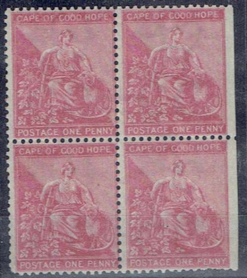 Cape of Good Hope 1864 1d carmine block of 4 with imperforate right margin very fine mint and scarce