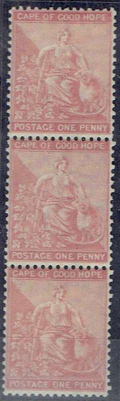 Cape of Good Hope 1864 1d pale rose red strip of 3 very fine mint, centre stamp unmounted