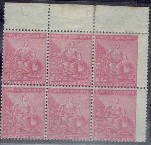 Cape of Good Hope 1871 pale carmine red top right corner block of 6 very fine mint