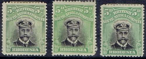 Rhodesia BSAC 1913 KGV Admiral Die II perf 14 5d 3 shades and one having printers mark fine mint