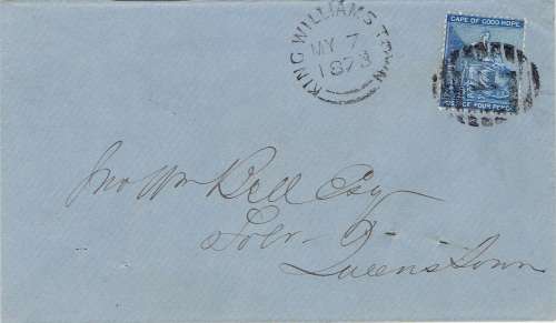 Cape of Good Hope 1873 4d on proving King Williamstown cover with BONC 4 to Queenstown