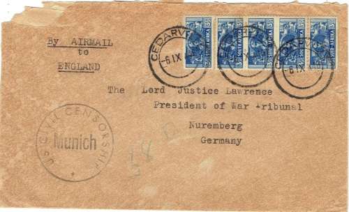 South Africa 1946 WWII Small War 3d x5 on censored cover to Lord Justice Nuremberg war trials