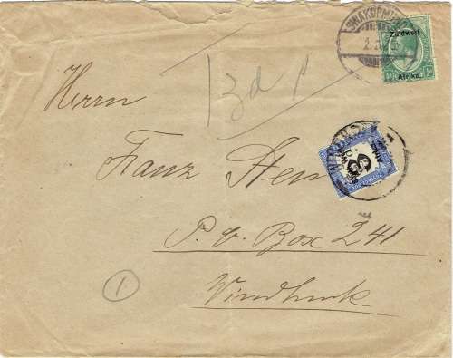 South West Africa Postage Due 1923 KGV 12/d Swakopmund to Windhoek with 3d Tax marking and 3d pdue