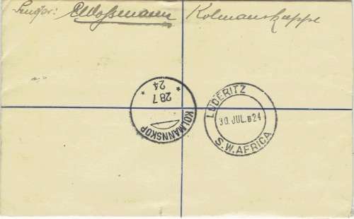 South West Africa 1924 KGV 1d pair on Kolmannskop (B3) registered 4d envelope cover to Luderitz