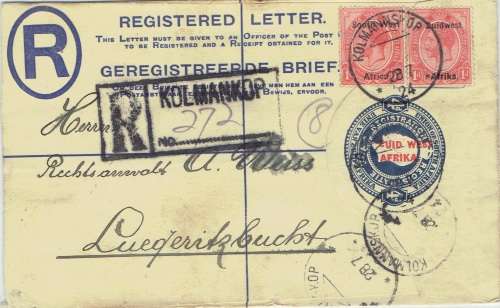South West Africa 1924 KGV 1d pair on Kolmannskop (B3) registered 4d envelope cover to Luderitz