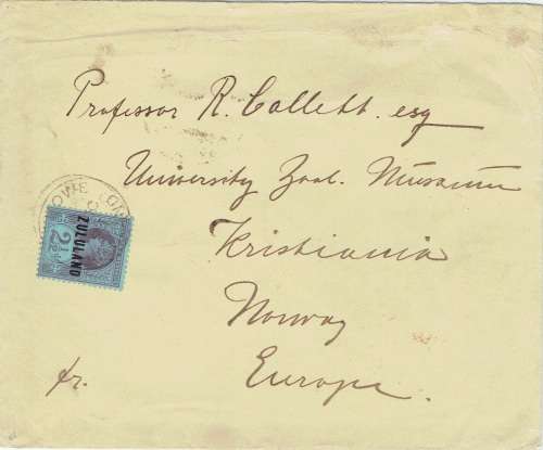 Zululand 1888 QV 2 1/2d on Missionary cover from Eshowe to Kristiana Norway